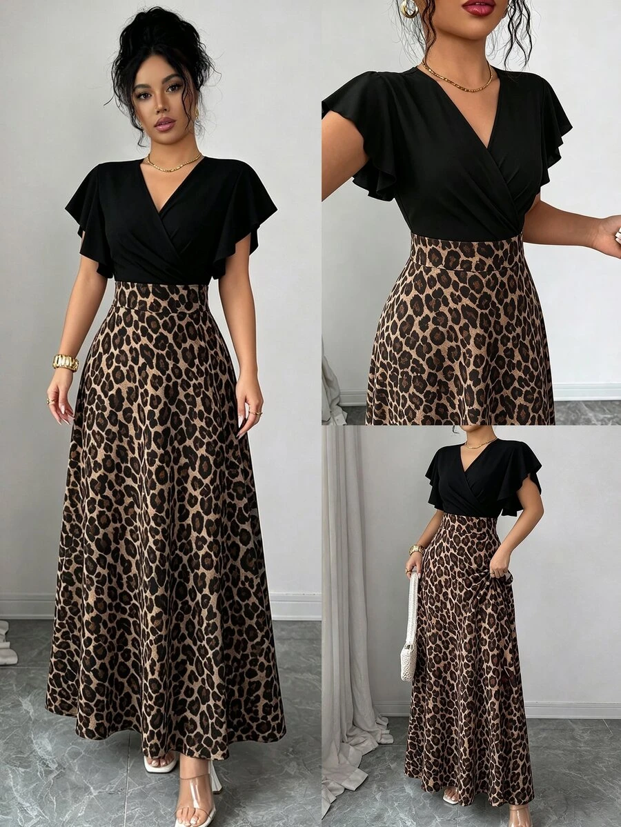 SHEIN PETITE فستان بطبعة نمر بياقة متداخلة وأكمام فراشة، 1 قطعة - متعدد الألوان - مشاهدة 1