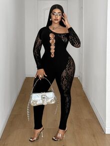 Maweii Plus Size Women's Contrast Lace One Shoulder Long Sleeve Cutout Design Fashion Sexy Jumpsuit - Black - View 4