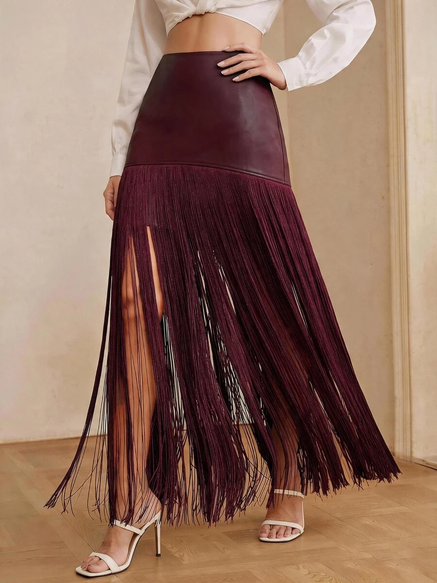 Anewsta Women's New PU Patchwork Tassel Fashion Flowy Versatile Skirt - Burgundy - View 1