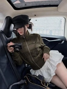 Siren Gaze 秋冬新款拿破崙風立領收腰女款運動衫，適合日間外出，深色復古70年代風 - 軍綠色 - 查看 11