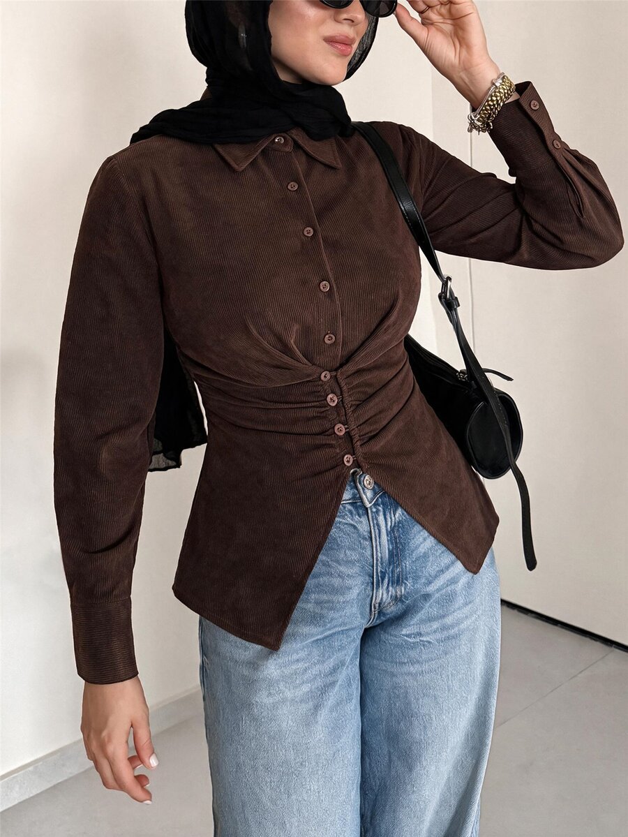 Solavon 女款純色長袖單排扣百褶休閒端莊優雅襯衫 辦公室深棕色秋季燈芯絨 - 咖啡棕 - 查看 1