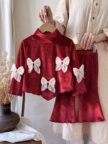 SHEIN Infant Girl Knit Stand Collar Long Sleeve Batwing Sleeve Bow Decor Top And Pants Set, Sweet Cute Elegant Outfit - Red - View 4