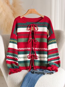CosyJoli Plus Size Contrast Striped Pattern Flare Sleeve Drop Shoulder Tie Front Cardigan - Multicolor - View 4
