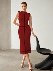 MOTF PREMIUM Vestido de suéter elegante con abertura y ribete de contraste para mujer - Burdeos - Ver 4
