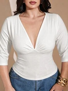 SHEIN BAE CURVE 大尺碼女款純色深V領短袖修身T恤 - 白色 - 查看 3
