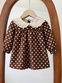 SHEIN Newborn Vintage Brown Plaid Dress With White Lace Peter Pan Collar And Ruffle Cuffs - Multicolor - View 4