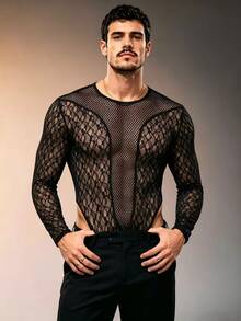 ZURIURI Jumpsuit thời trang nam phối ren xuyên thấu, lưới và lưới mắt cáo - màu đen - Xem 7