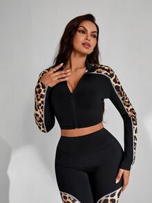 Slayform Slayform Women's 2 Pieces Sports Set: Cropped Stand Collar Full Zip Jacket + Leopard Print Patchwork Flared Pants, Leopard Print, Contrast White Trim, Cropped Top, Athletic Casual Two Pieces Set, New Autumn/Winter Style, Suitable For Running, Fitness, Commuting And More - Multicolor - View 4