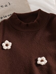 SHEIN Tween女孩套裝，Driven不對稱高領卡其色長袖T恤上衣搭配長褲，秋季返校女童服飾 - 棕色 - 查看 4