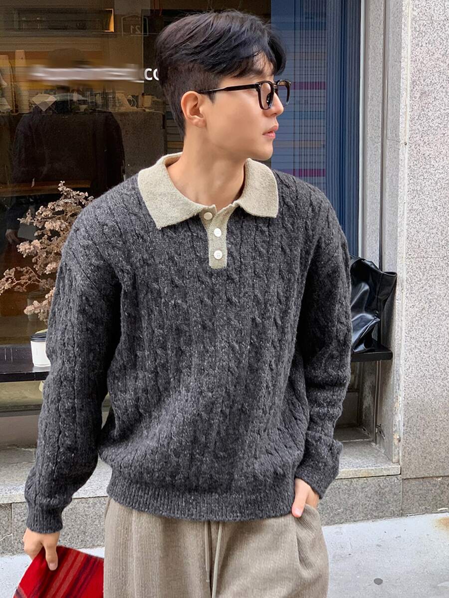 DAZY Men's Casual Polo Collar Sweater With Contrast Color Patchwork Collar And Grey Body, Autumn/Winter - Multicolor - View 1
