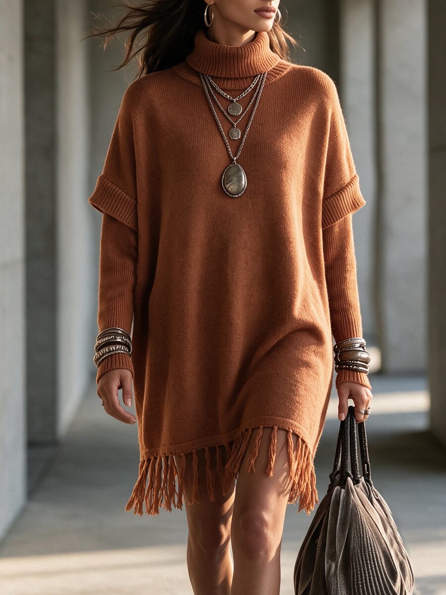 LanaWest Turtleneck Batwing Sleeve Fringe Hem Sweater Dress - Brown - View 1