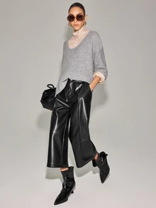 Anewsta Essential Elegant Black PU Straight Leg Ankle Pants With Center Seam For Women, Spring/Autumn Weekend Party - Black - View 7