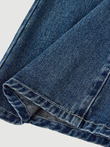 SHEIN Girlism 青少年女孩口袋寬腿寬鬆休閒牛仔褲 - 深色水洗藍 - 查看 4