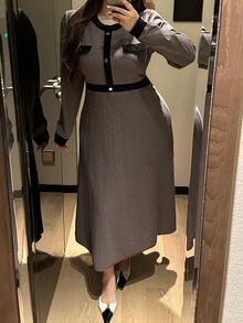 Vibekara Plus Size Women's Colorblock Round Neck Long Sleeve Button Design Knit Dress - Apricot - View 4
