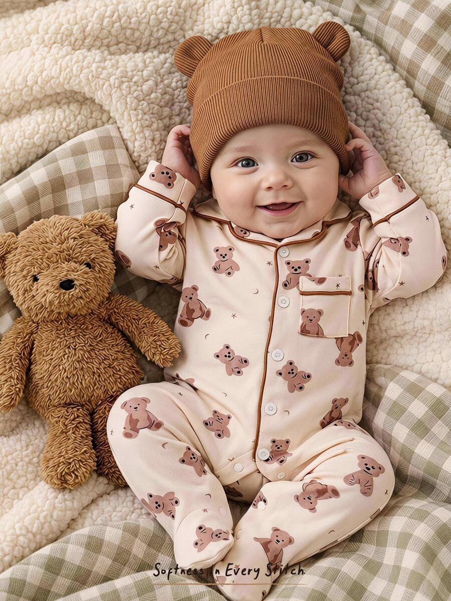 Cozy Pixies Newborn Cartoon Cute Bear Kids Pattern Footed Romper Wear - Khaki - View 1