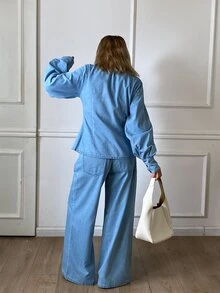 Livesso Autumn Light Wash Blue Collared Button Pocket Decor Short Denim Jacket & Wide Leg Denim Pants Set - Light Wash - View 2