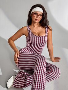 Slayform Slayform Seamless High Elasticity Sports Fitness Jumpsuit Fashion Mesh Flare Leggings - Burgundy - View 3
