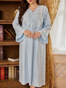 PalaceNights Embroidered Lace Loose Elegant Palace Style Plus Size Long Nightgown - Blue - View 4