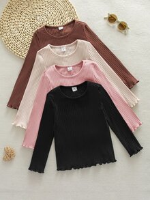 SHEIN Young Girl 4件組針織純色圓領休閒T恤套裝，適合秋季，秋季氛圍，隨意休閒，農場，戶外 - 彩色 - 查看 3