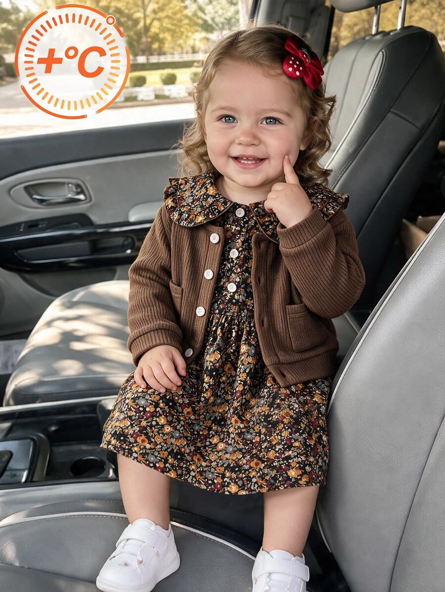 SHEIN 2pcs Toddler Girls Cardigan Dress Set Sweet Elegant Brown Black Floral Knit Ribbed Long Sleeve Peter Pan Collar Ruffle Button Front Princess Party - Brown - View 1