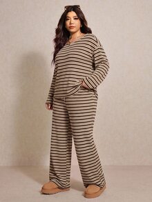 Elaquor 大尺碼女款條紋長袖上衣與長褲休閒日常兩件套 - 彩色 - 查看 7