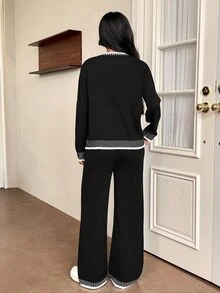 SHEIN PETITE 女款純色圓領長袖毛衣與長褲休閒套裝，常規版型，秋冬季 - 黑色 - 查看 2