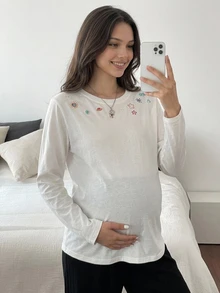 DAZY Embroidered Pattern Loose Long Sleeve Round Neck Casual Everyday Versatile Spring Autumn Maternity T-Shirt - White - View 6