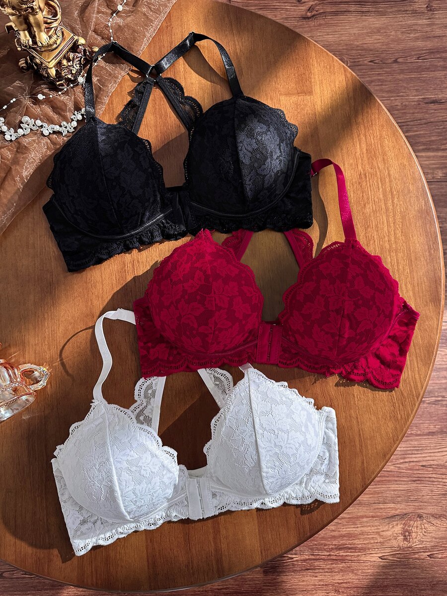 SHEIN Plus Size Classic Sexy Lace Trim Patchwork Milk Silk One Shoulder Bralette 3 Pieces 3-Color Set - Multicolor - View 1