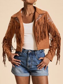 Travachic Women's Tassel Design Casual Versatile Long Sleeve Jacket - Khaki - View 5