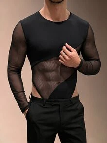 ZURIURI Jumpsuit nam mỏng xuyên thấu ôm sát sexy phối lưới rỗng thời trang - màu đen - Xem 5