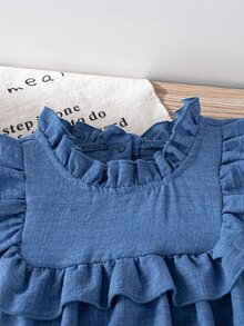 SHEIN Elladie kids 1件女童清新田園風純色布料下擺燒花鏤空工藝，荷葉領，胸前荷葉裝飾，泡泡袖長袖，寬鬆A字中長洋裝，常規厚度，精緻鏤空洋裝，適合日常穿著、度假穿搭，春秋季 - 藍色 - 查看 7