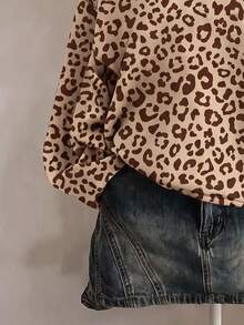 SHEIN EZwear 棕色卡其多巴胺豹紋半拉鍊運動衫，棕色調，秋季休閒街頭風，適合多種場合，Y2K復古風，返校季秋冬上衣 - 彩色 - 查看 4