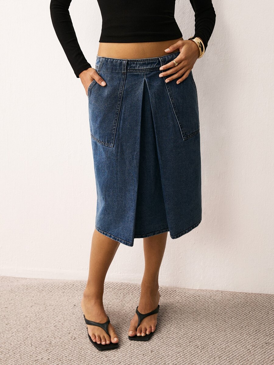 ATUI Studio Women's Casual Denim Skirt With Pockets For Daily Wear - Medium Wash - View 1