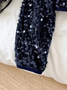SHEIN 青少年女孩純色長袖亮片開襟夾克，秋冬款 - 藏蓝色 - 查看 5