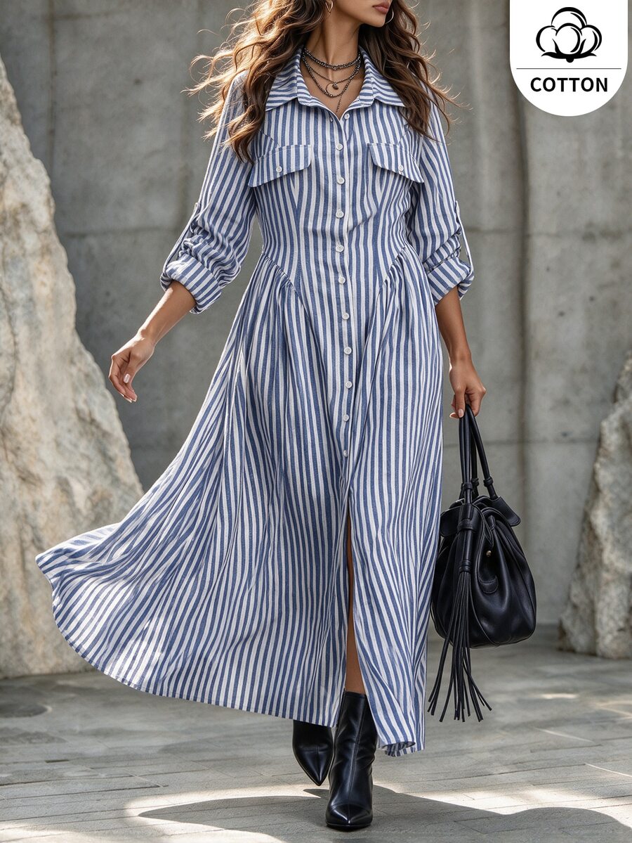 Ceyna Plus Striped Print Roll Tab Sleeve Shirt Dress - Blue and White - View 1