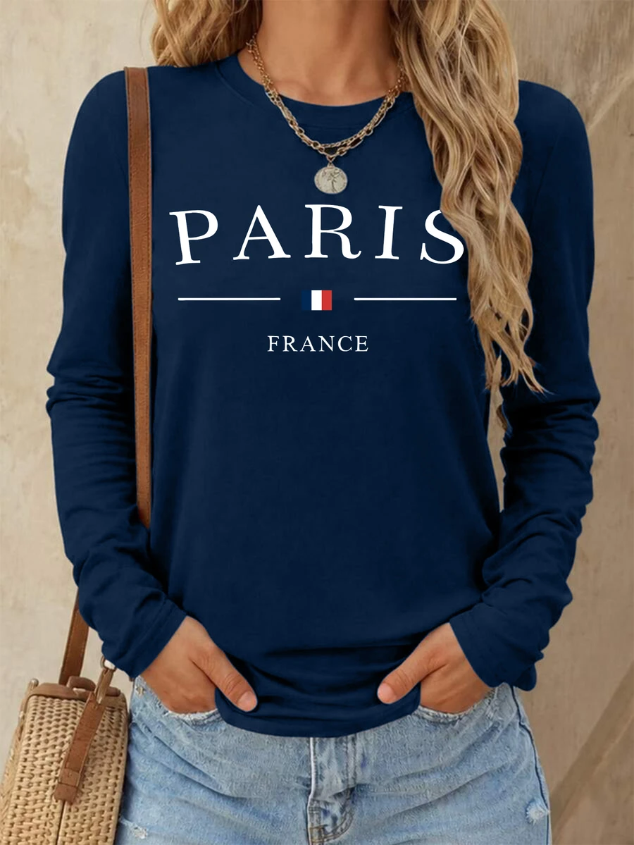 Linhara Plus Size Women's Casual Everyday Versatile Round Neck Long Sleeve T-Shirts - Navy Blue - View 1
