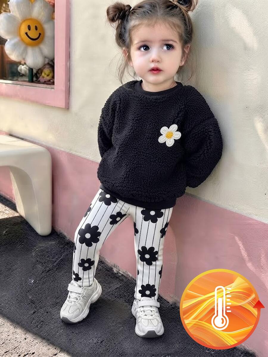 SHEIN Playful Pals 女嬰 2件組黑白花卉泰迪 CoolFleece 套裝,圓領長袖衛衣與印花條紋雛菊圖案內搭褲 - 杏色 - 查看 1