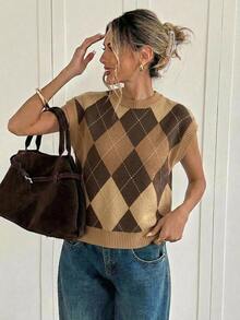 Siren Gaze Women's Diamond Grid Round Neck Batwing Short Sleeve Knit Top - Multicolor - View 5