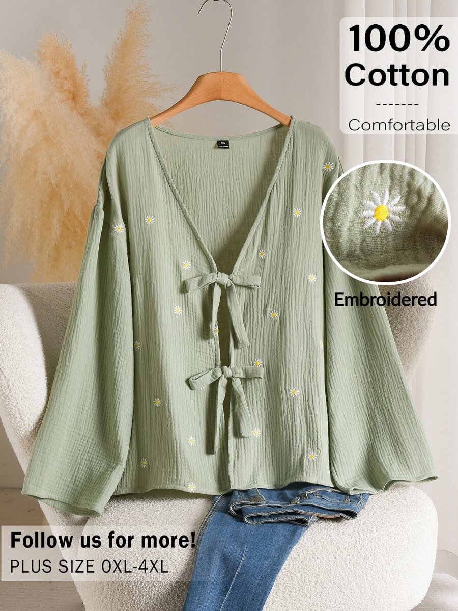 CosyJoli Plus Size Women's Floral Embroidered Pattern Casual Everyday Shirt - Green - View 1