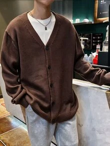 Claim Dot Men's Solid Color Single-Breasted Casual Everyday Cardigan, Fall/Winter, Long Sleeve Top - Coffee Brown - View 4