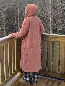 Livesso Solid Teddy Coat & Plaid Print Pants PJ Set - Pink - View 2