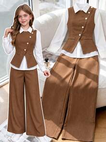 SHEIN Girls' Autumn/Spring Casual Fashion Simple V-Neck Sleeveless Belt Jacket Long-Sleeved White Shirt Loose Wide-Leg Straight-Leg Trousers Three-Piece Set - Brown - View 3