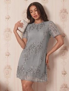 Amorya 女款純色亮片圓領短袖優雅中長洋裝 - 灰色 - 查看 6