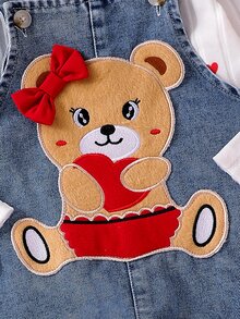 SHEIN 2pcs Toddler Baby Girl Long Sleeve T-Shirt Denim Jumpsuit Set Blue White Red Heart Print Bear Patch Bow Ribbed Knit Round Neck Button Front Ruffle - Blue - View 11