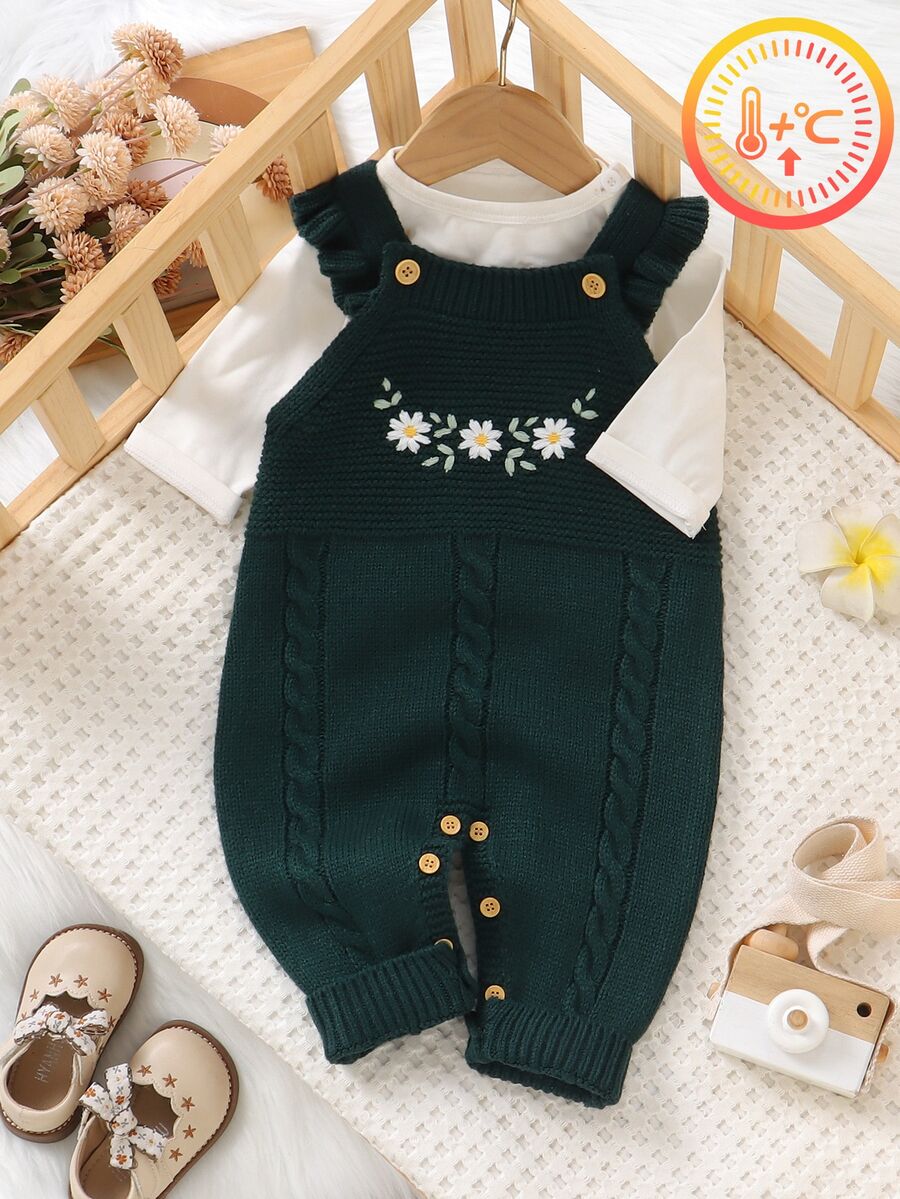 SHEIN 1件女嬰連身褲,深紅色,秋季,可愛,家庭套裝刺繡針織連身褲,帶荷葉邊肩帶,長袖聖誕女嬰套裝 - 墨綠色 - 查看 1