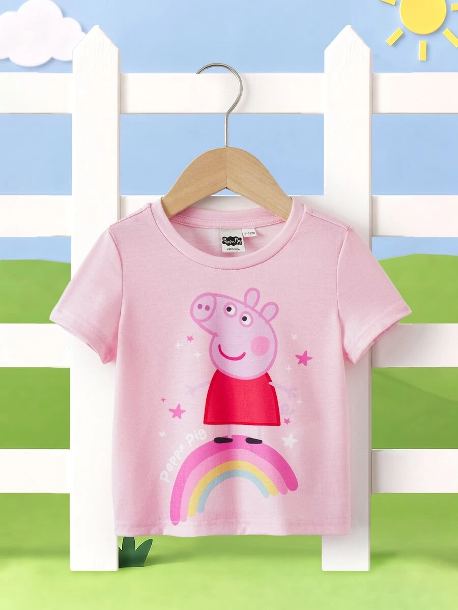 Peppa Pig X SHEIN Baby Girl Round Neck Short Sleeve Casual Top Peppa Pig - Pink - View 1