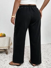 Lounesse Plus Size Women's Drawstring Waist Pocket Casual Denim Jeans - Black - View 2