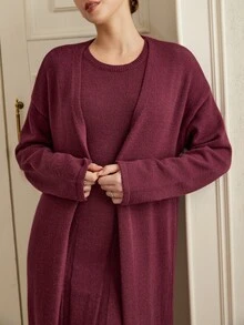 Graceveil Women's Solid Color Dress And Cardigan Casual Knit 2 Pieces Set - Burgundy - View 7