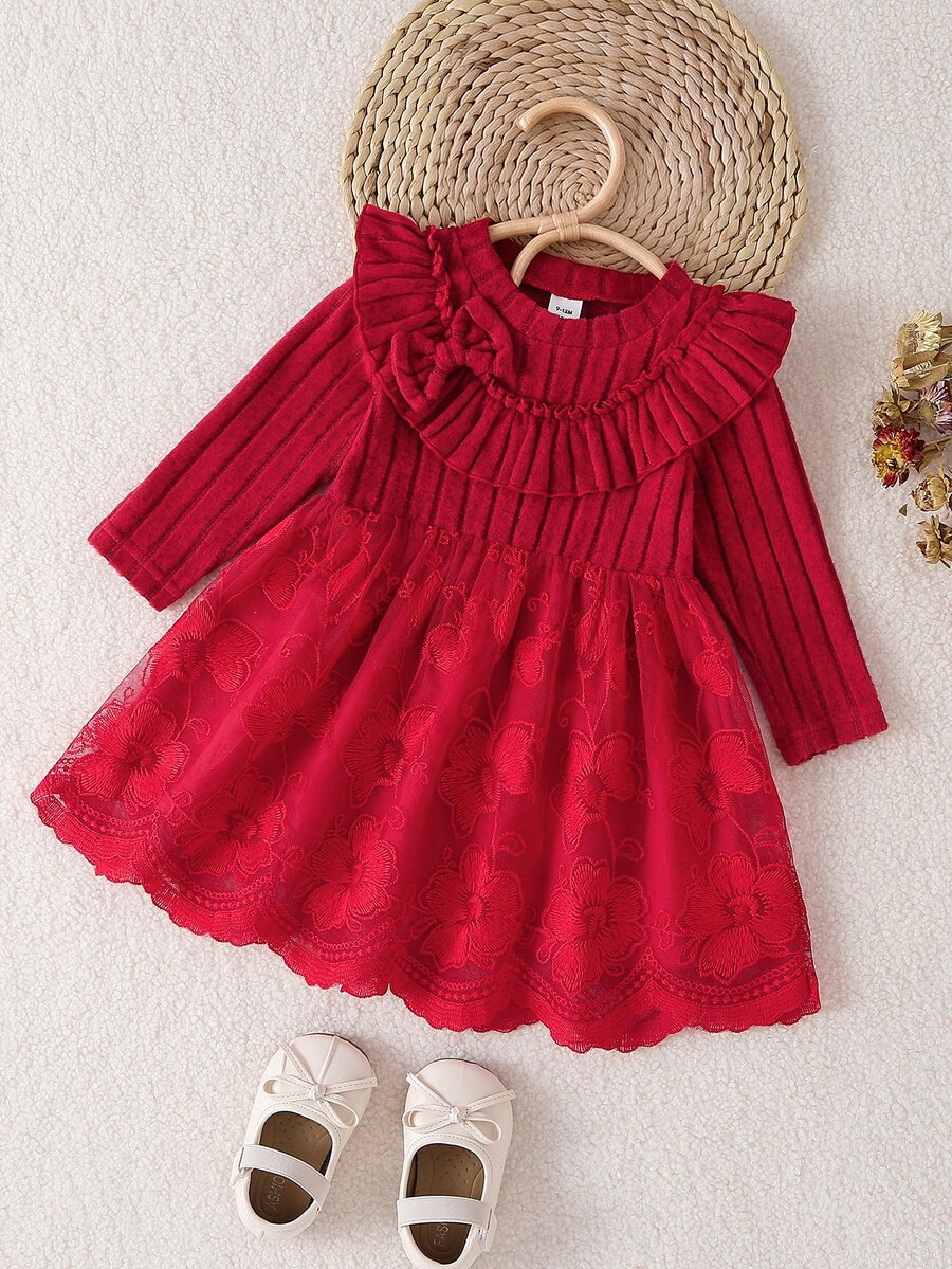 Souflis Souflis 1件幼女甜美酒紅色蝴蝶結荷葉邊花卉刺繡長袖圓領加厚冬季節日派對公主芭蕾舞網紗蓬蓬裙 - 紅色 - 查看 1