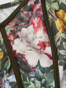 SHEIN MOD 女款花卉印花甜心領燈籠袖優雅鄉村風襯衫 米色 度假 秋季/萬聖節/開學季 - 軍綠色 - 查看 3